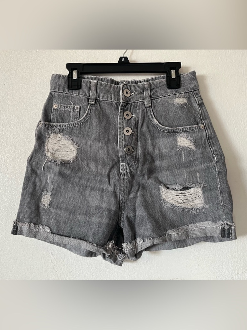 Zara Distressed Button-Fly Gray Denim Shorts
